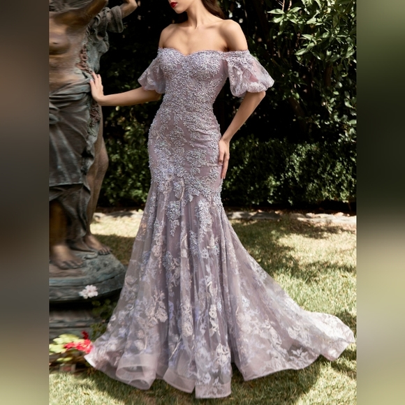 16069 Powder Off-Shoulder Lace Mermaid Dress